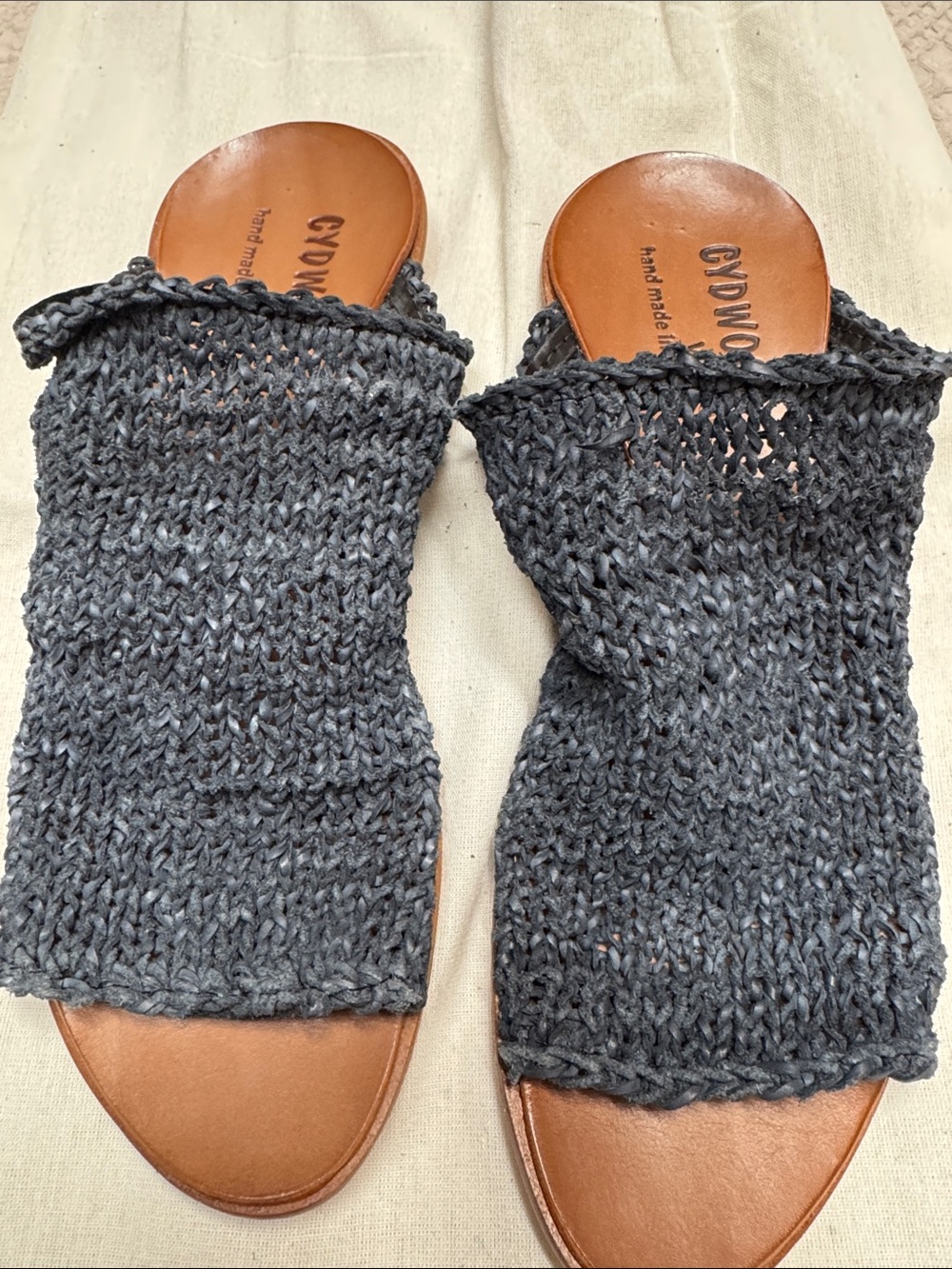CYDWOQ Handcrafted Navy Blue Leather Knit Slide Sandals for Women
